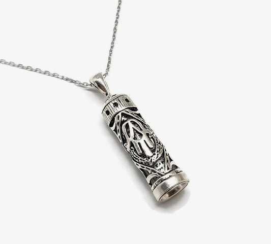 Sterling Silver Hamsa Hand Mezuzah Case pendant necklace