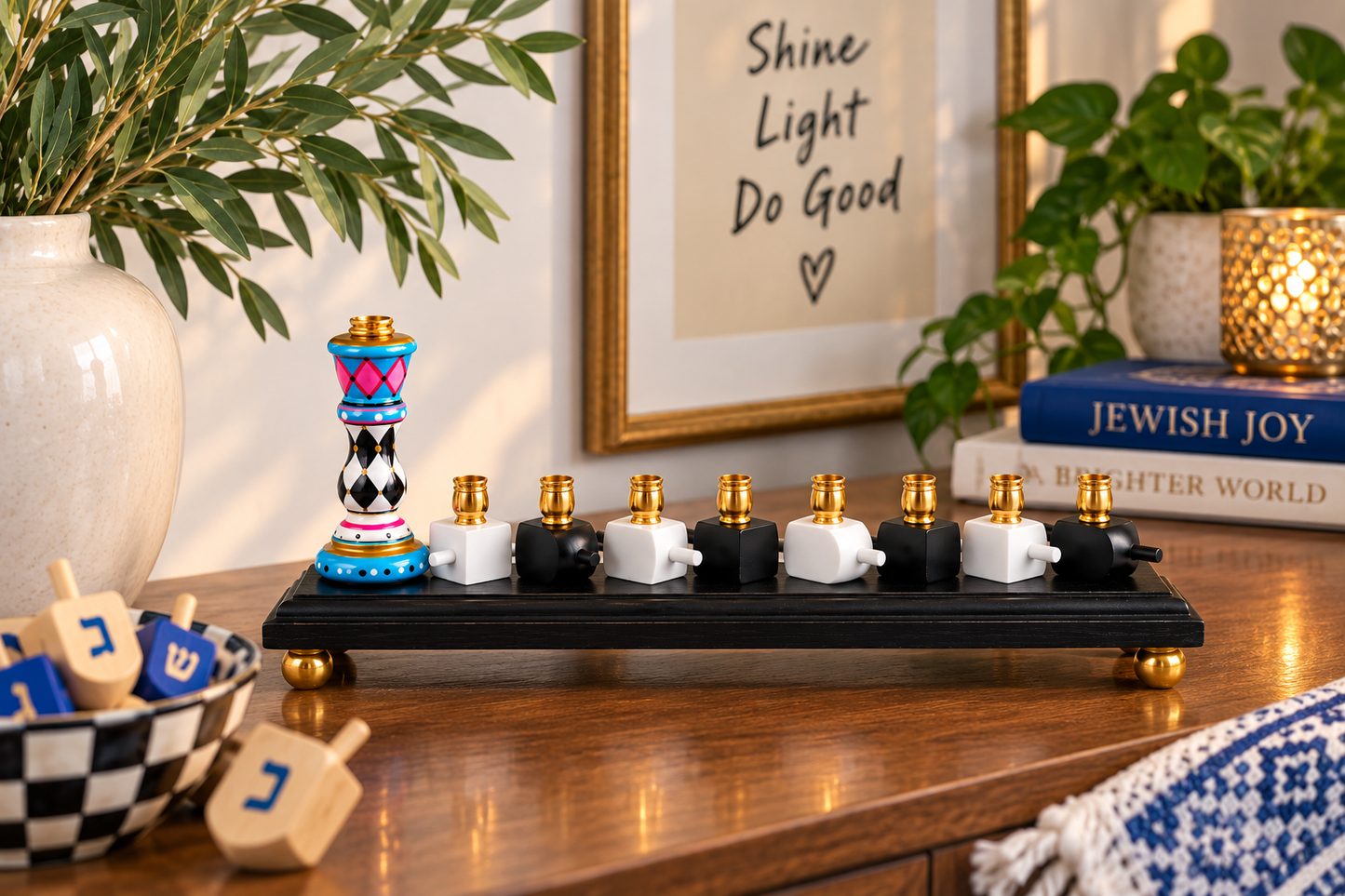 Basha — Hand-Painted Dreidel Menorah | One-of-a-Kind Wooden Hanukkiah