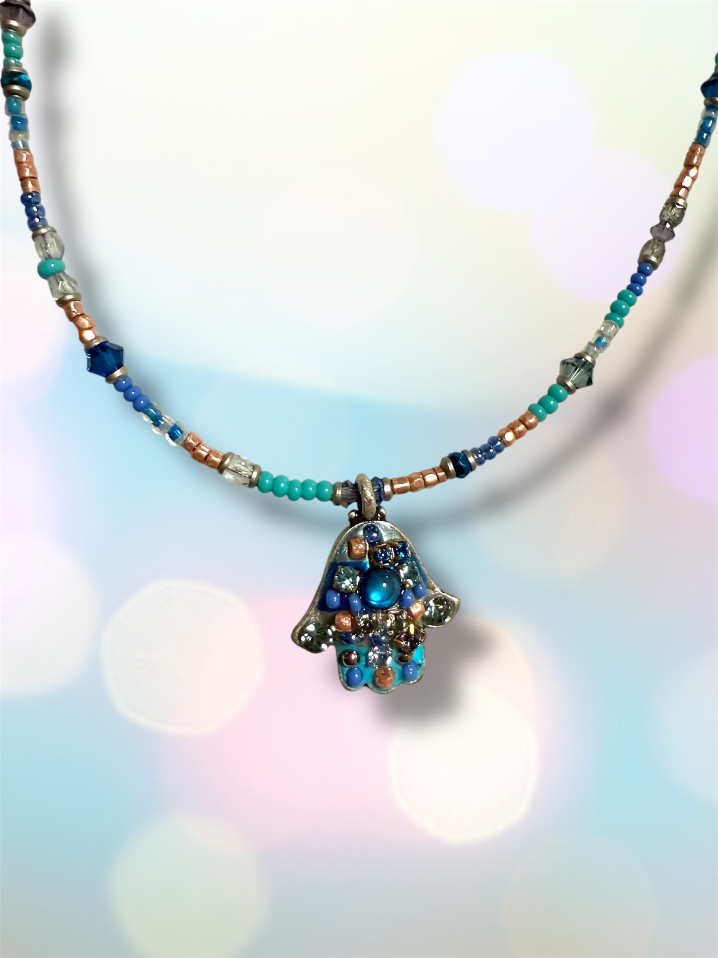 Small Blue Mosaic Hamsa Necklace