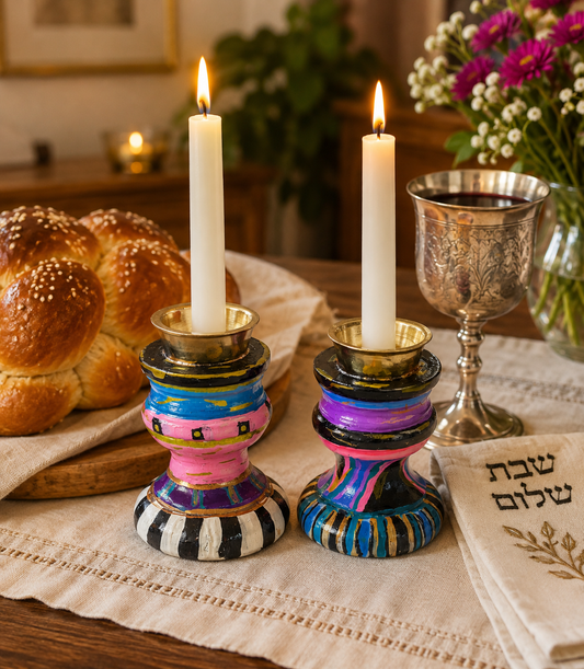 Hand-Painted Shabbat Candle Holders | Colorful Artisan Judaica Candlesticks | Set of 2