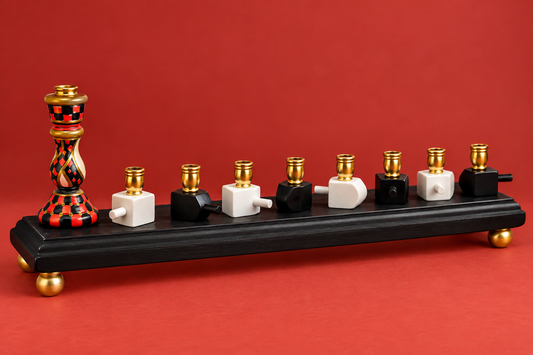 The Roxie Menorah
Hand-Painted Dreidel Menorah in Red, Black & Gold