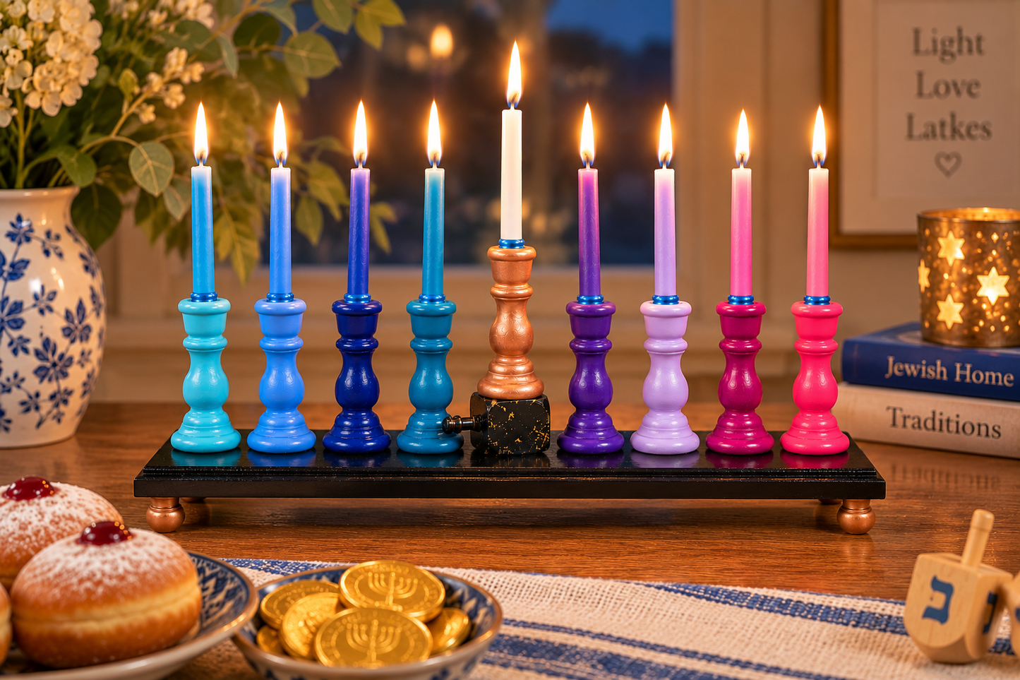 The Zaphira Menorah
Hand-Painted Jewel Tone & Rose Gold Wood Menorah