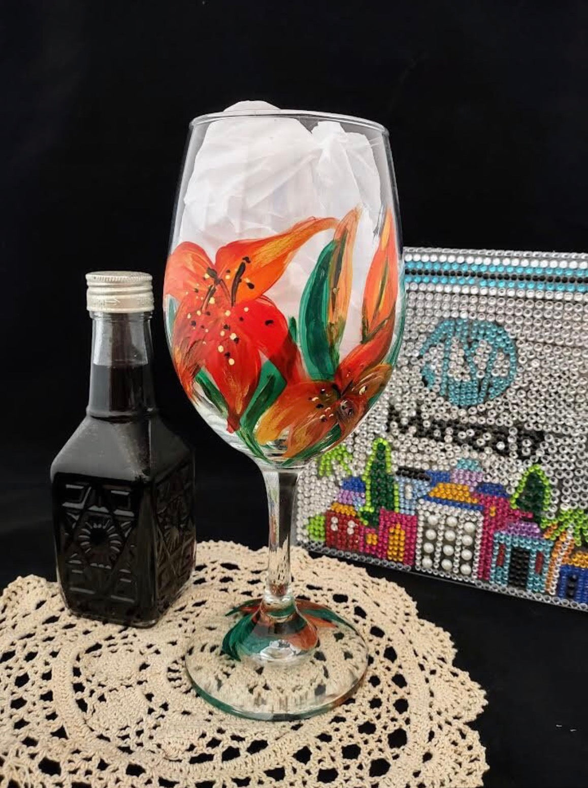 Hand-Painted Lilies Wine Glass, Checkerboard Stem