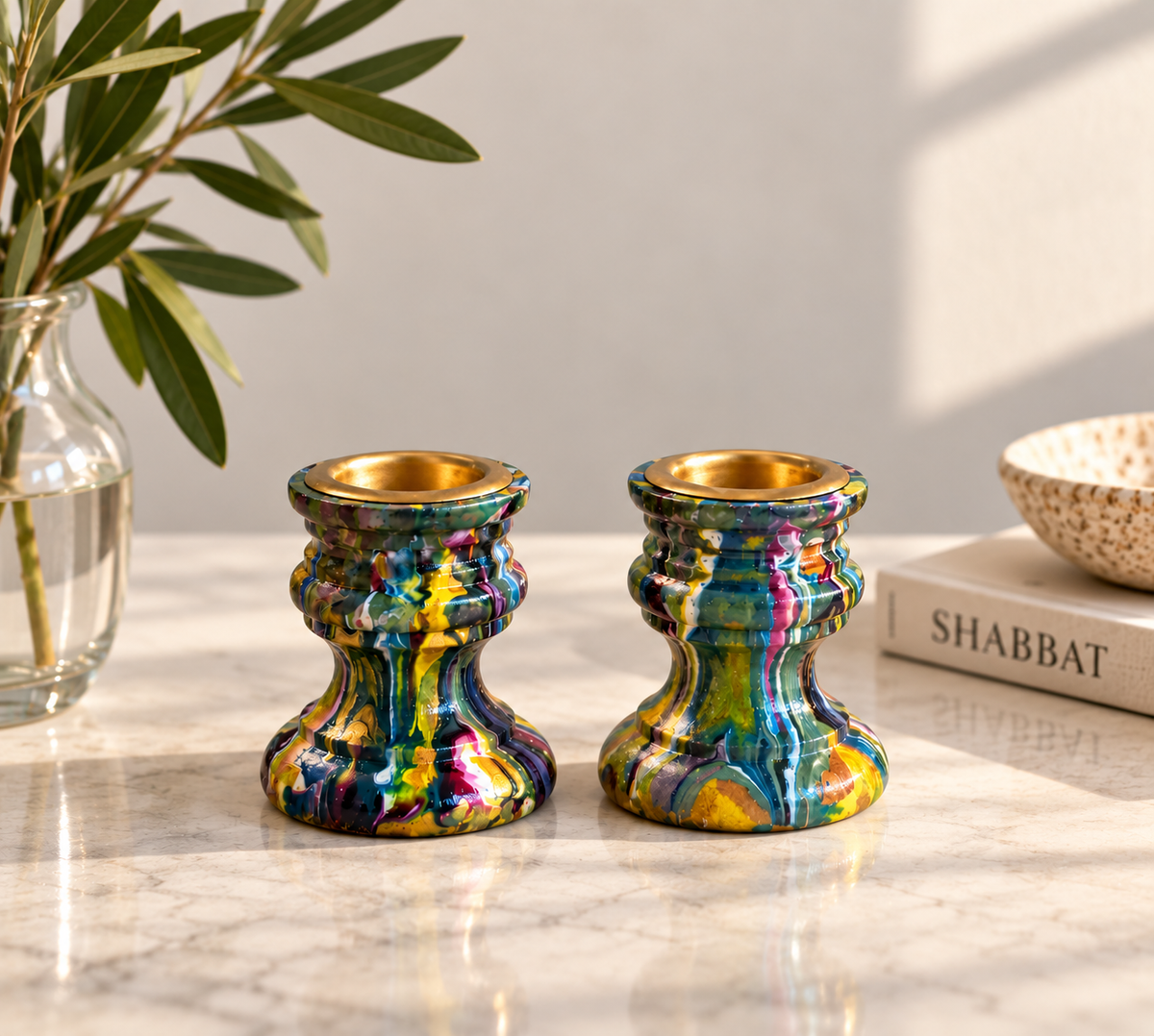 Janis – Hand-Painted Psychedelic Shabbat Candlesticks