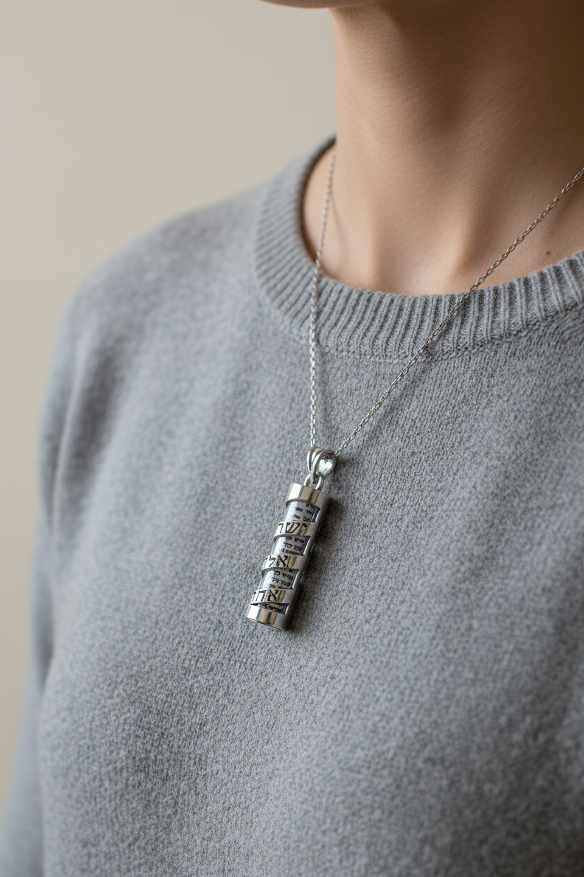 Sterling Silver Shema Ribbon Mezuzah Case pendant necklace