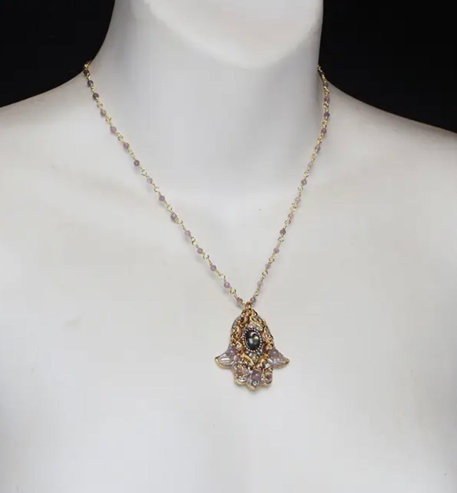 Abalone & Amethyst Hamsa Necklace