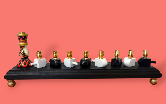 Colorful Hand-painted checkerboard Tapered Candle Stick and dreidel Menorah