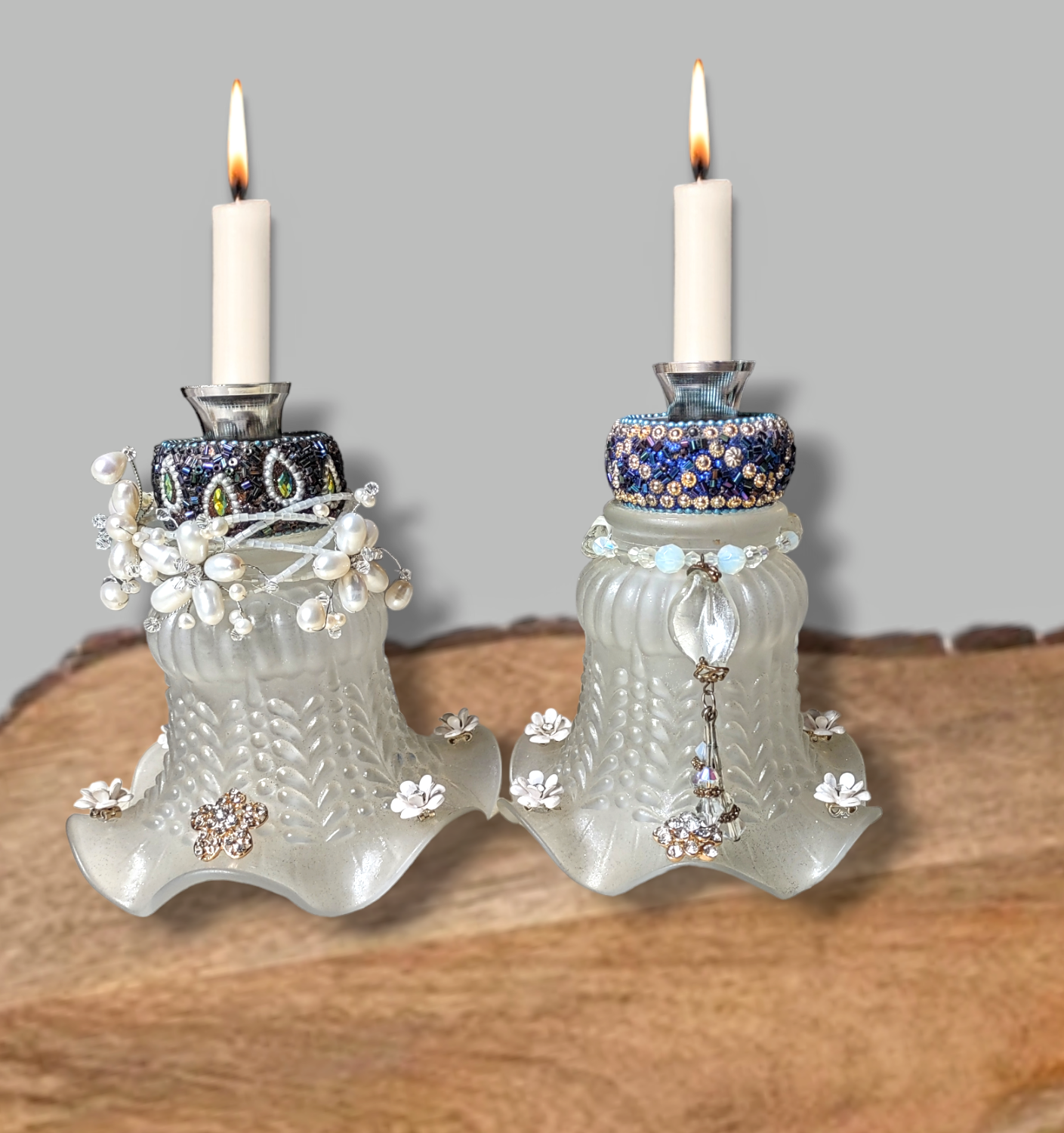 Upcycled Vintage Glass Lamp Shades Shabbat Candle Holders