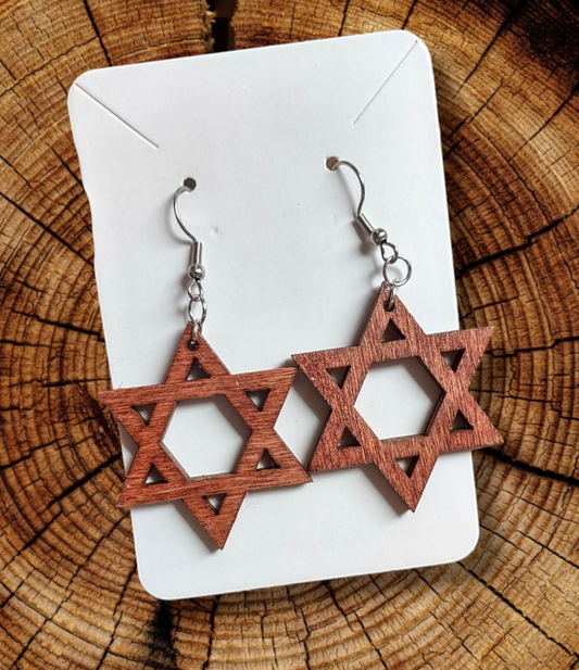Wooden Hamsa and Star  Earrings