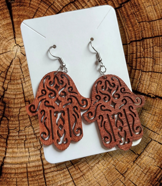 Wooden Hamsa and Star  Earrings
