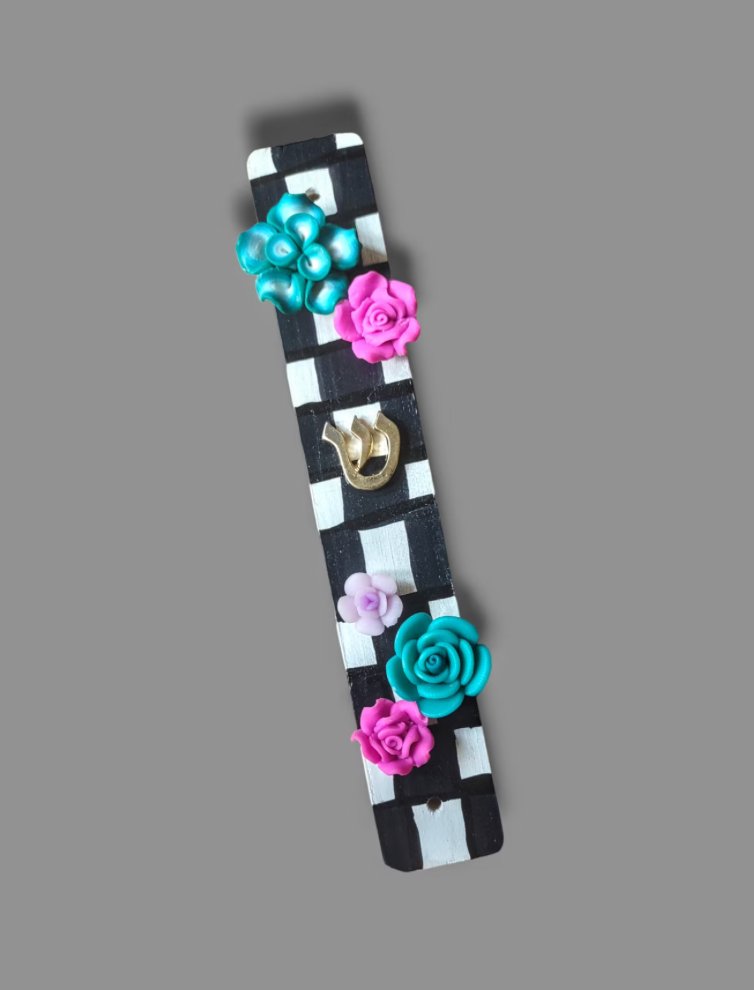 Checks & Flowers Hand-painted Mezuzah Case