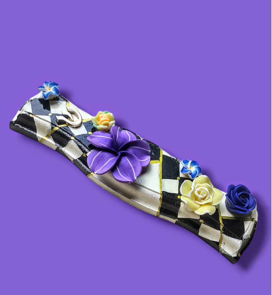 Checks & Flowers Hand-painted Mezuzah Case- Hourglass Shape