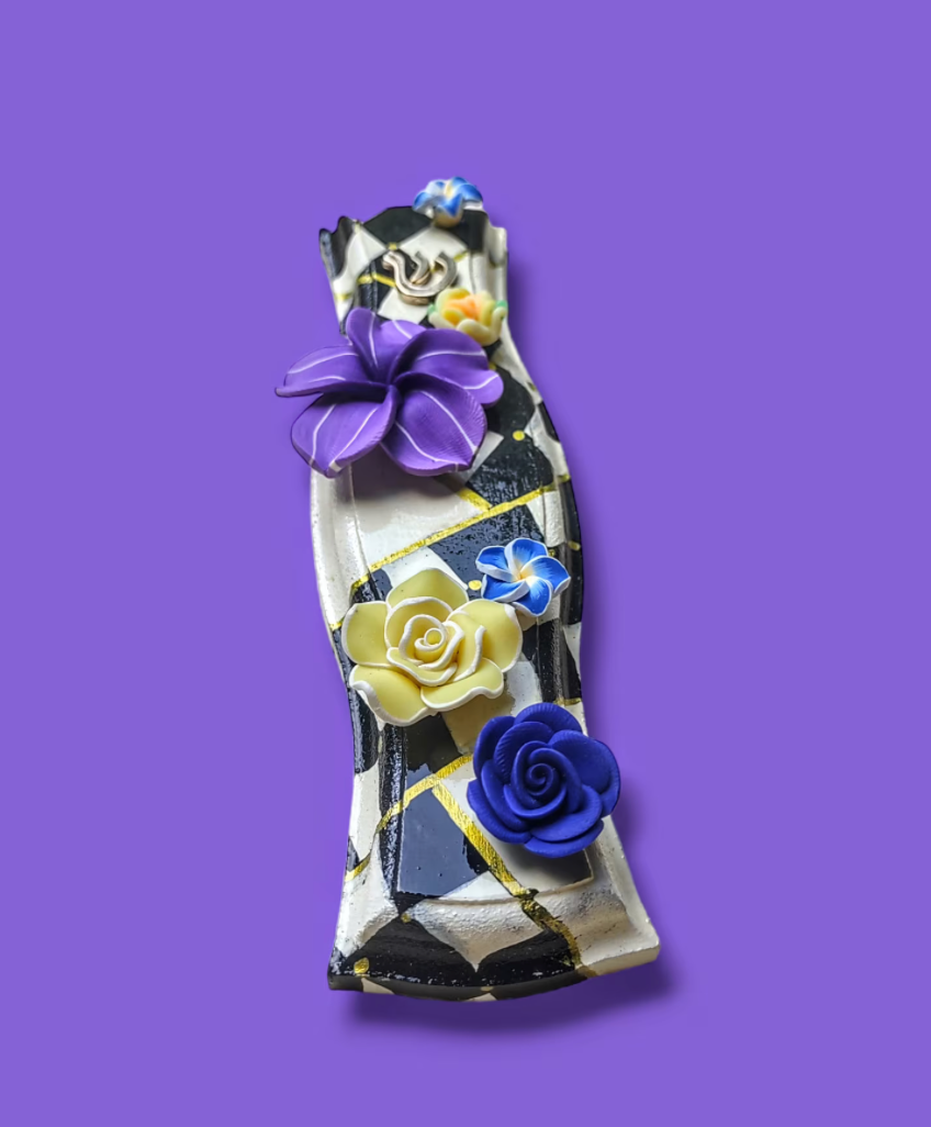 Checks & Flowers Hand-painted Mezuzah Case- Hourglass Shape
