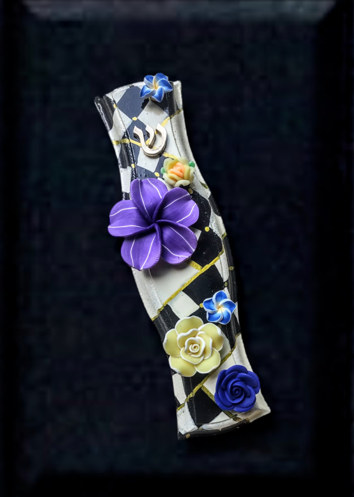 Checks & Flowers Hand-painted Mezuzah Case- Hourglass Shape