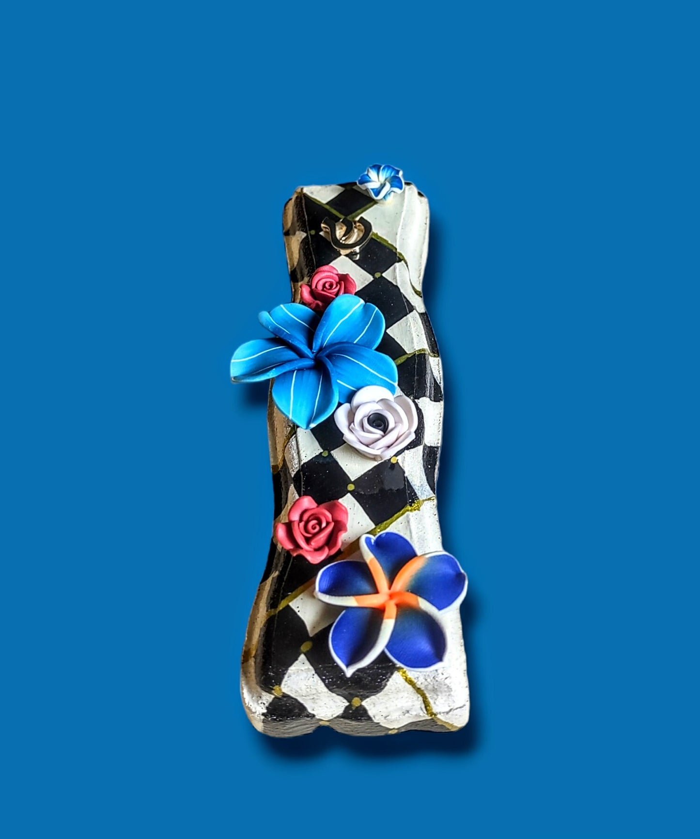 Checks & Flowers Hand-painted Mezuzah Case- Hourglass Shape