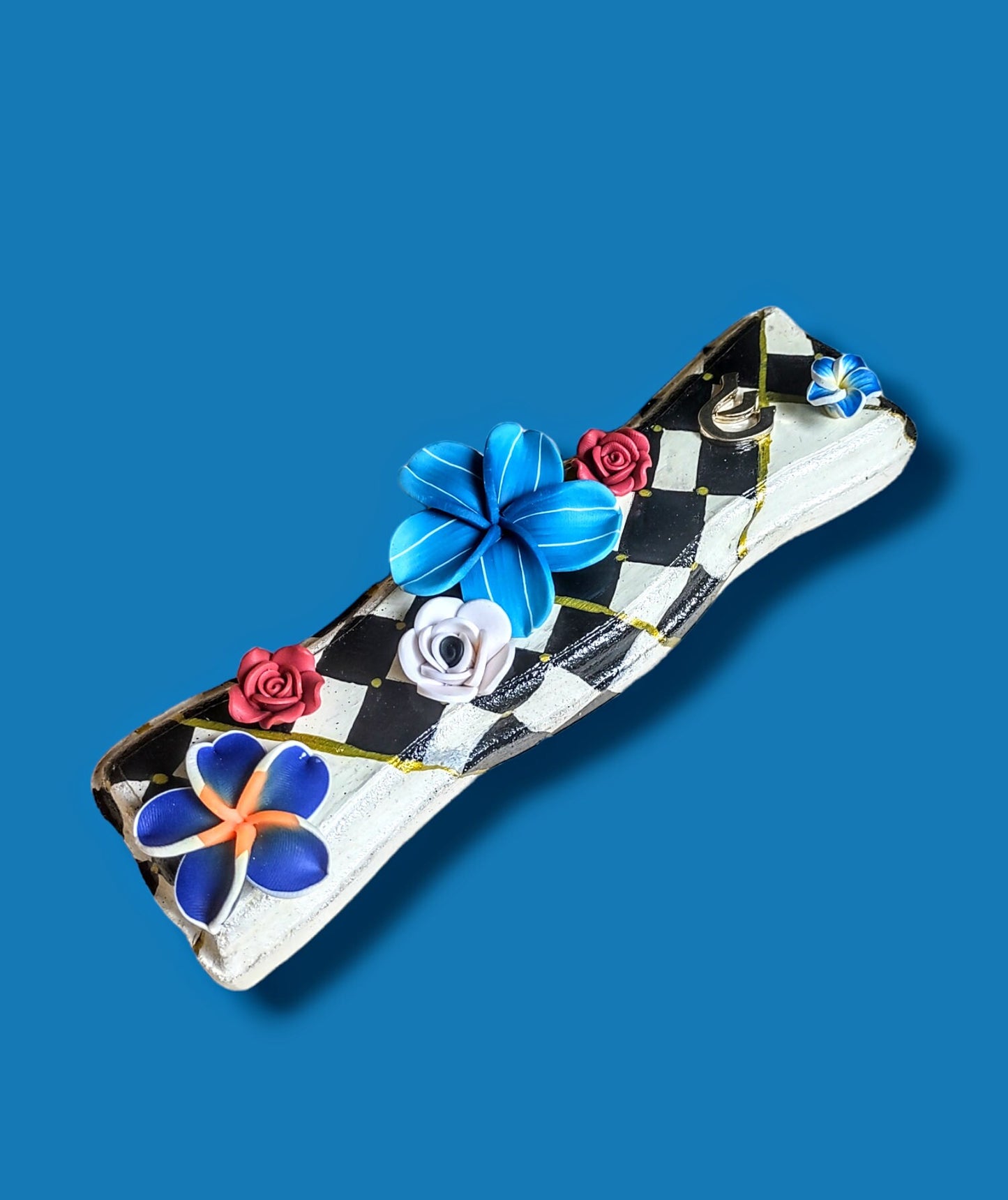 Checks & Flowers Hand-painted Mezuzah Case- Hourglass Shape