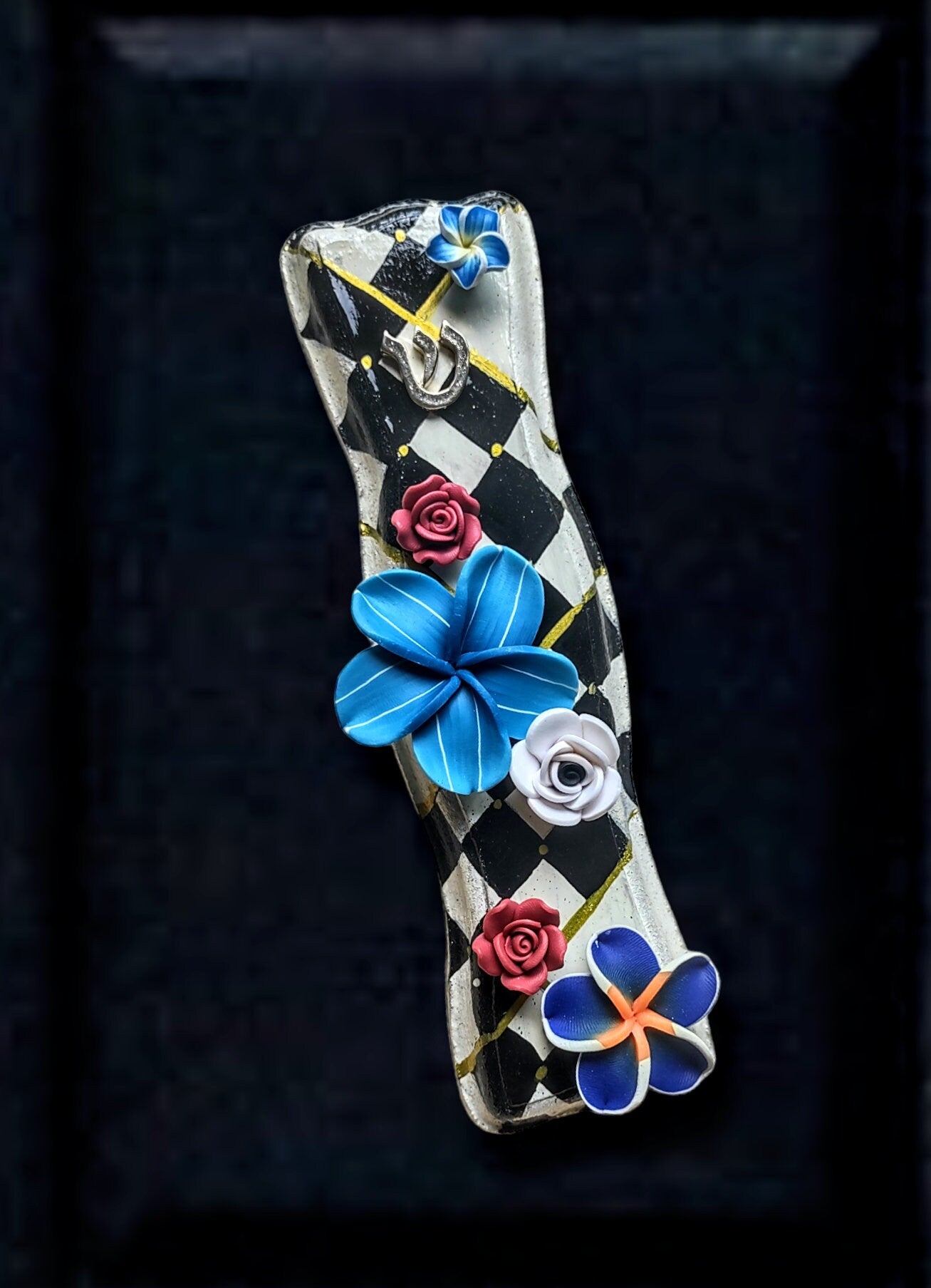 Checks & Flowers Hand-painted Mezuzah Case- Hourglass Shape