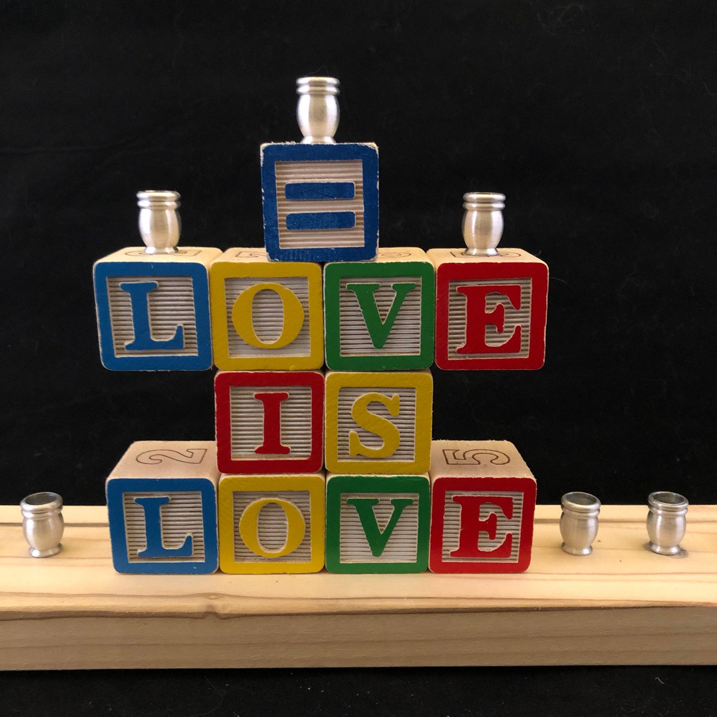 Love Is Love Menorah: Wooden Alphabet Blocks, LGBTQ+ Hanukkah Decor