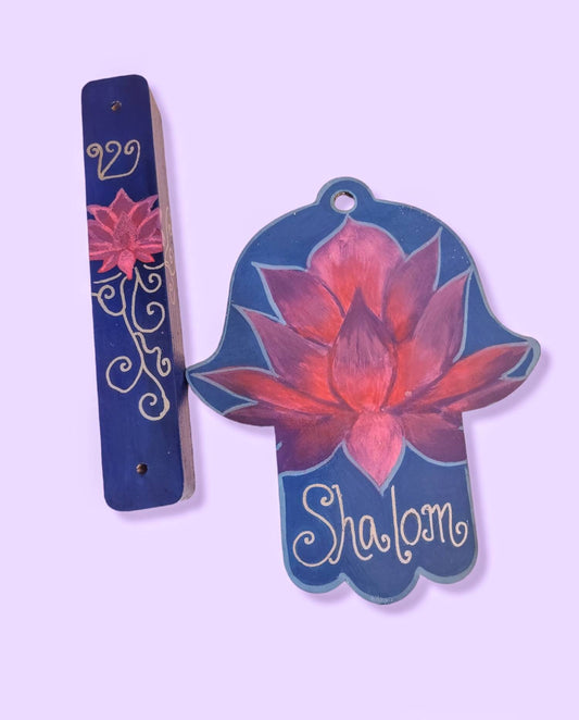 Hand-Painted Lotus Hamsa and Mezuzah Set – Jewish Housewarming Gift