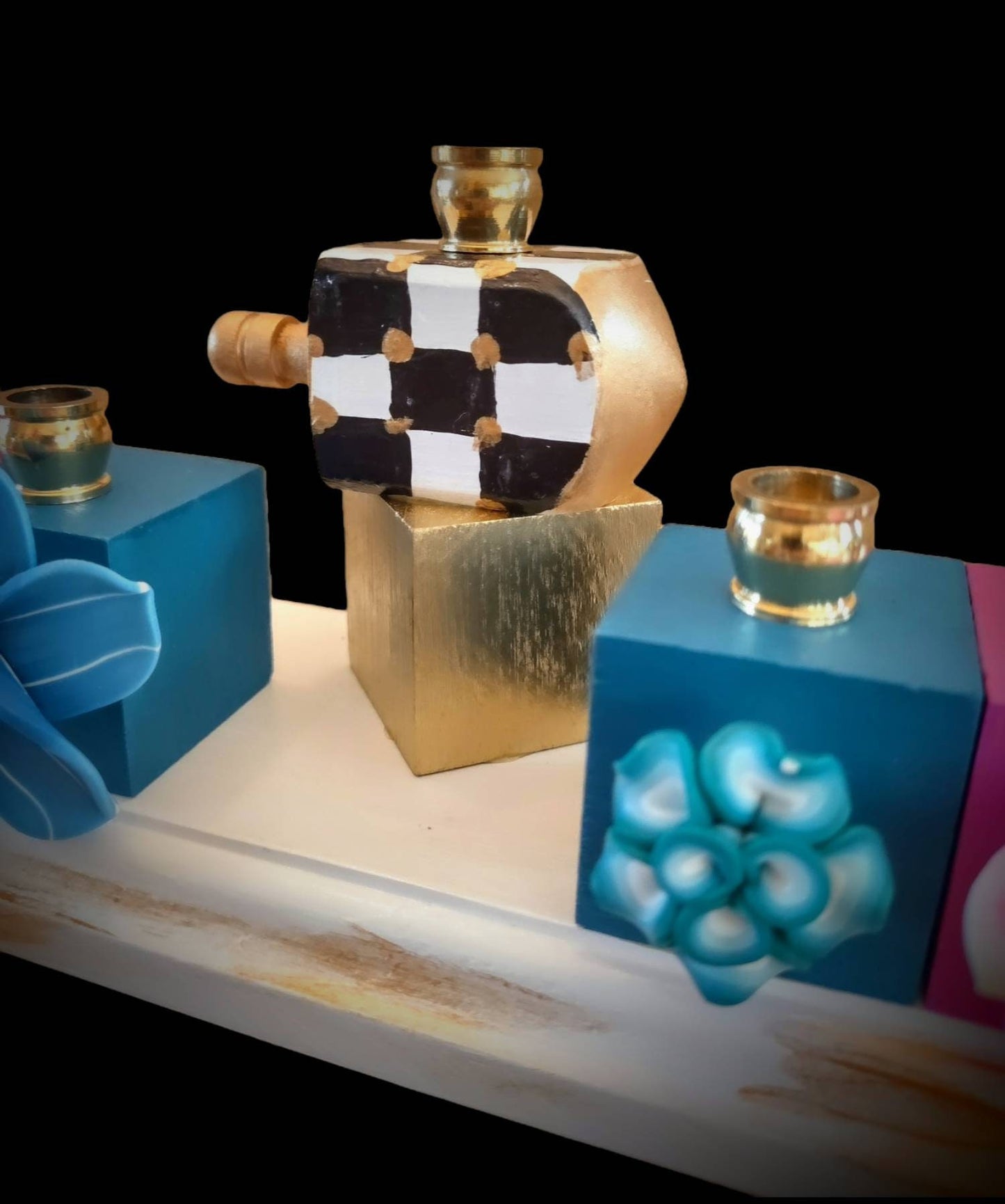 Black white and gold Checkerboard Tropical Flower Hanukah menorah menorah Judaica Jewish