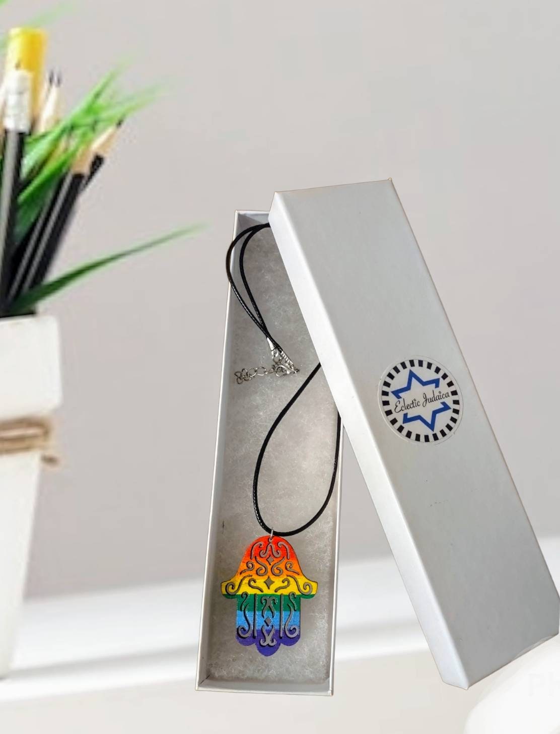 Rainbow Painted Wood Necklace, Choice of Hamsa or Star