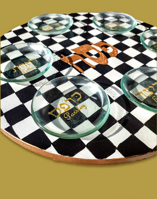 Checkerboard Black White Gold Seder Plate Passover Pesach