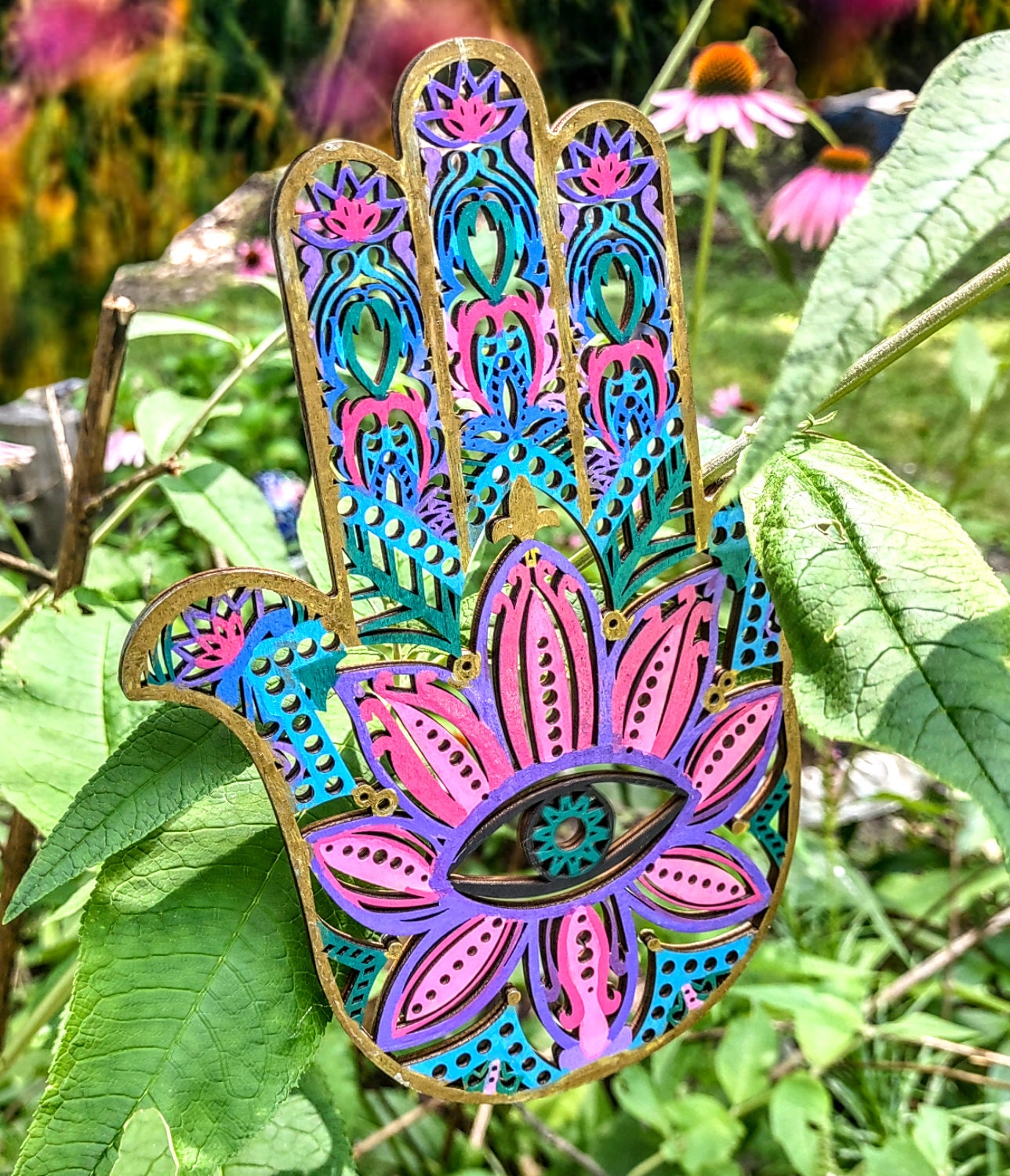 Hand Painted Wooden Hamsa Wall Hanging: Fatima, Evil Eye, Tree of Life