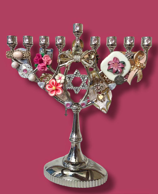 Vintage Jeweled Menorah, Silver & Pink Ribbon, Breast Cancer Donation