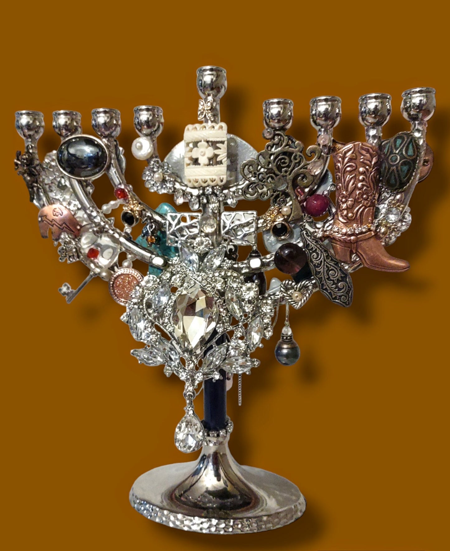 Jeweled Menorah, Upcycled Vintage Jewelry Hanukkiah