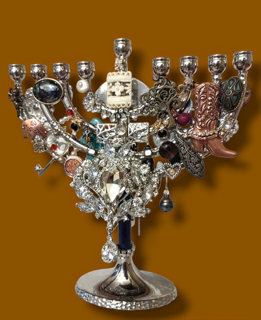 Jeweled Menorah, Upcycled Vintage Jewelry Hanukkiah