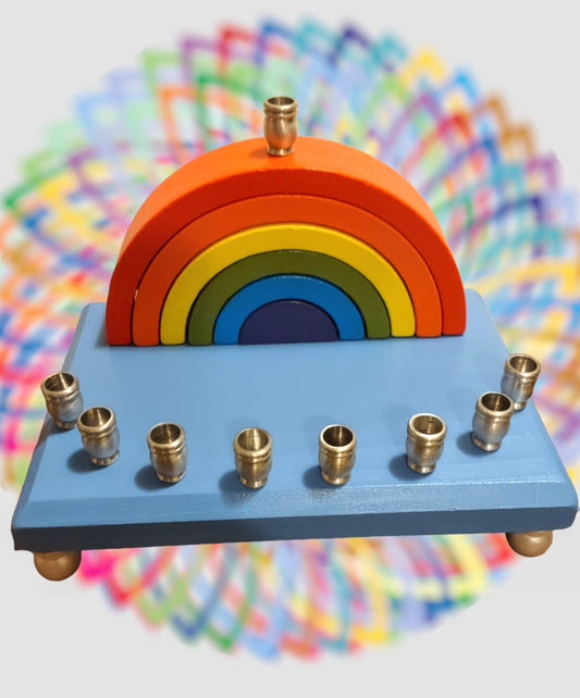 Rainbow Wood Menorah Hanukkiah Judaica Jewish Hanukkah Gift