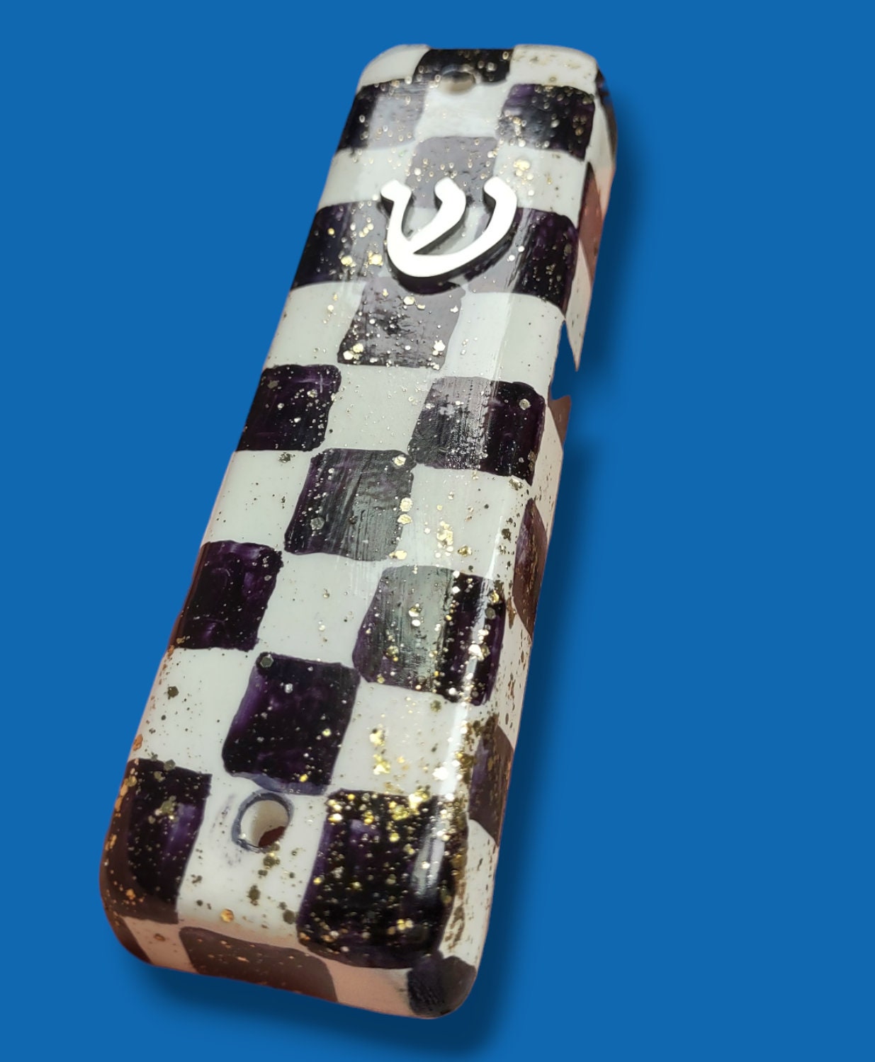 Checkerboard Ceramic Mezuzah Case with Glitter & Flowers