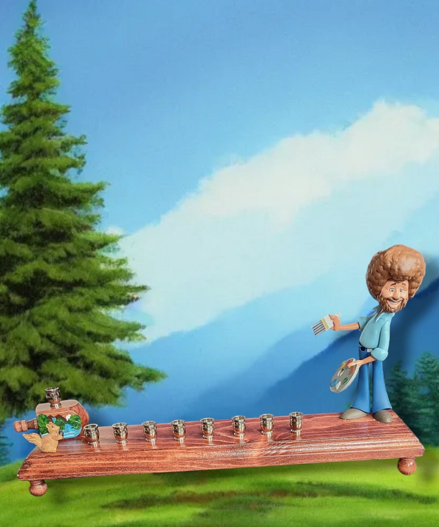 Collector Bob Ross Menorah Candle Hanukkah Judaica Repurposed Jewish Happy Little Trees