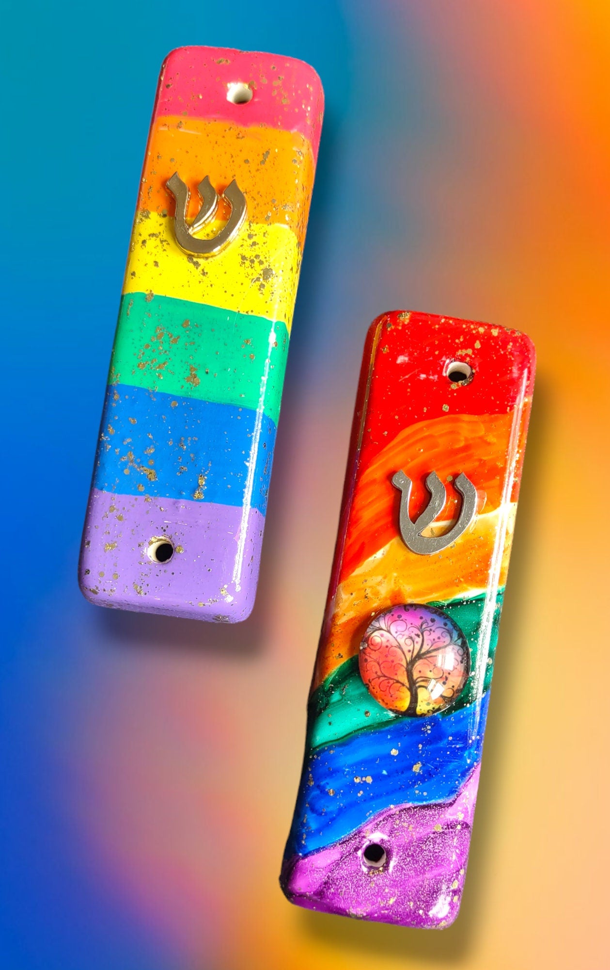 Rainbow Ceramic Mezuzah Case with Gold Glitter Shin