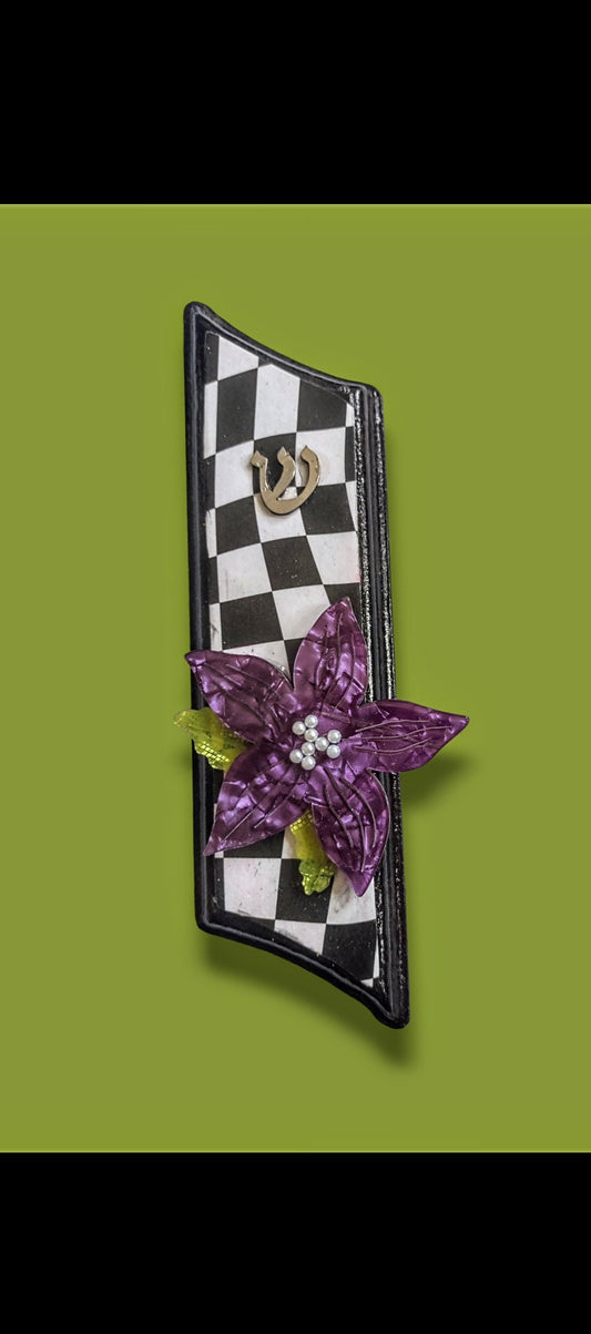Wooden Black and White Decoupage and Purple Flower Mezuzah Mezuzot