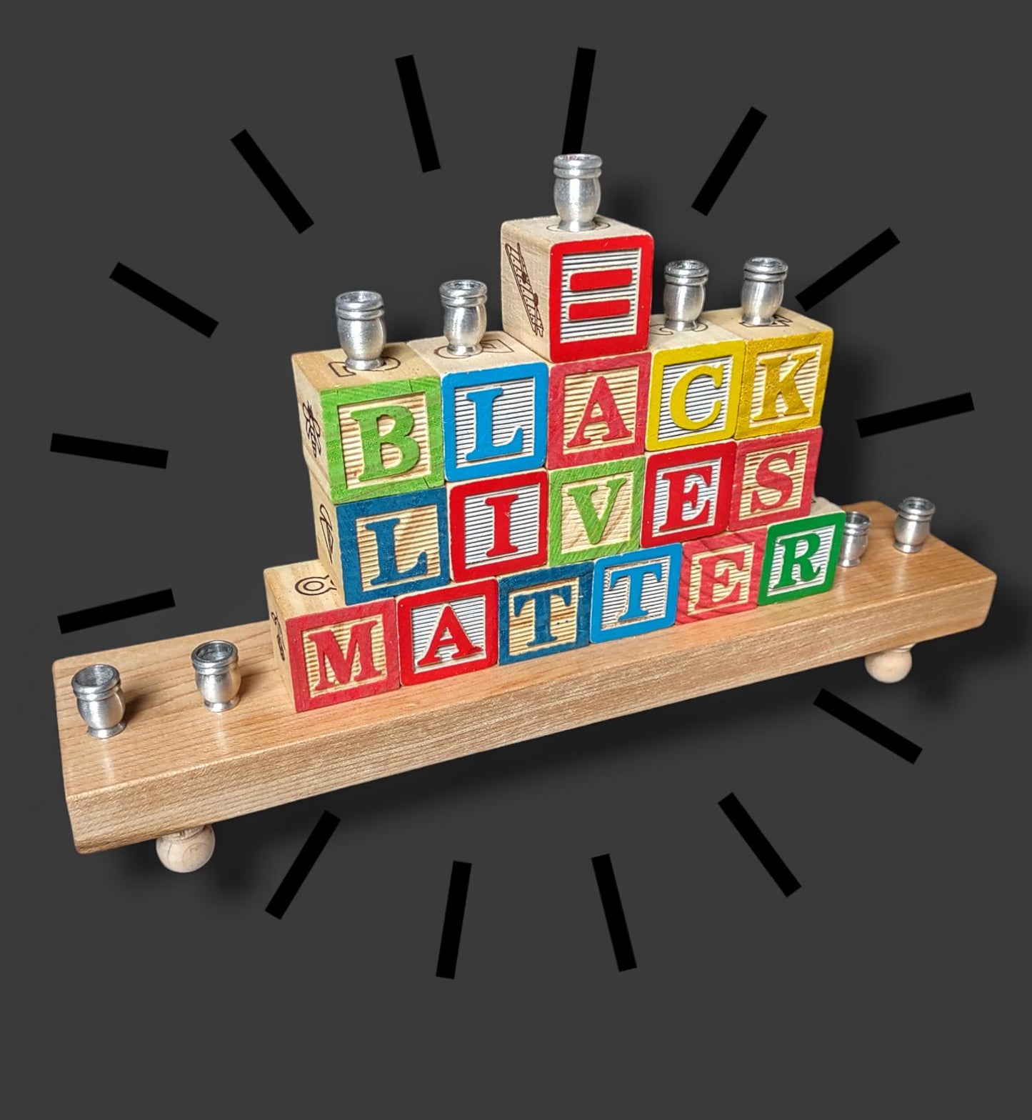 BLM Wooden Block Menorah: Judaica Hanukkah Art, Charity Donation