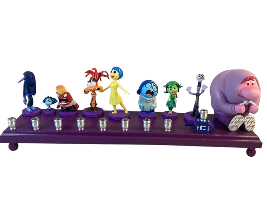 Inside Out 2 Menorah Chanukah Judaica Hanukkah Repurposed Toy Figures Dreidel Hebrew Joy Sadness Anger Anxiety Embarrassment Jealous