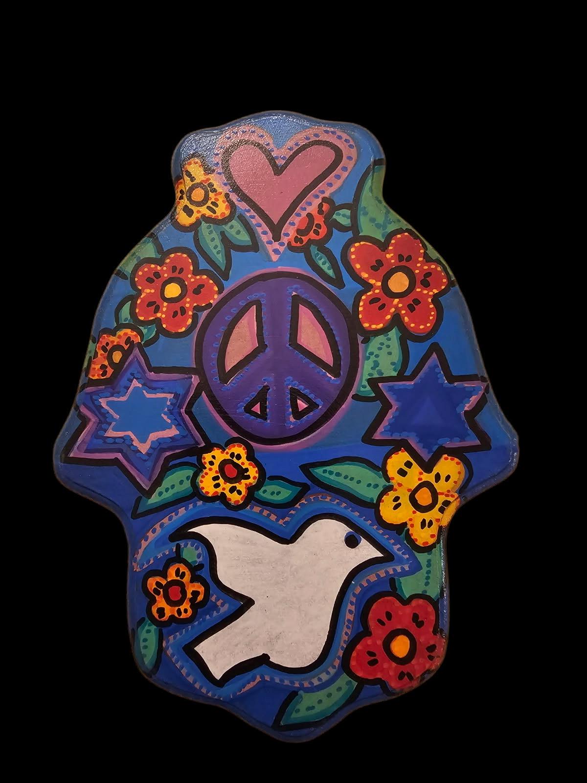 Peace Love Flowers Peace Dove Jewish star Hamsa hand of Fatima evil eye hand painted hippie boho Woodstock