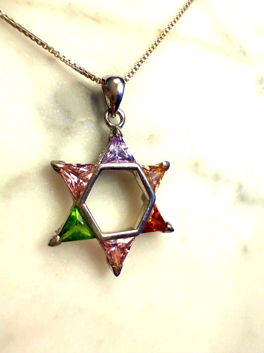 Vintage Sterling Silver Star of David Judaica necklace multicolor gemstones 18"