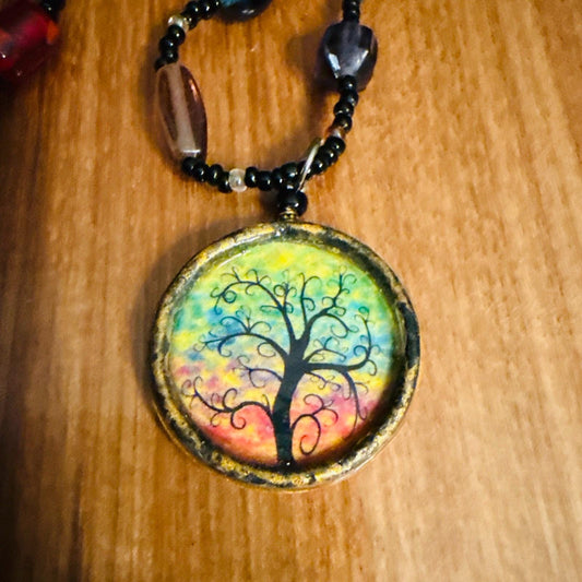 Rainbow tree of life necklace with glass beads