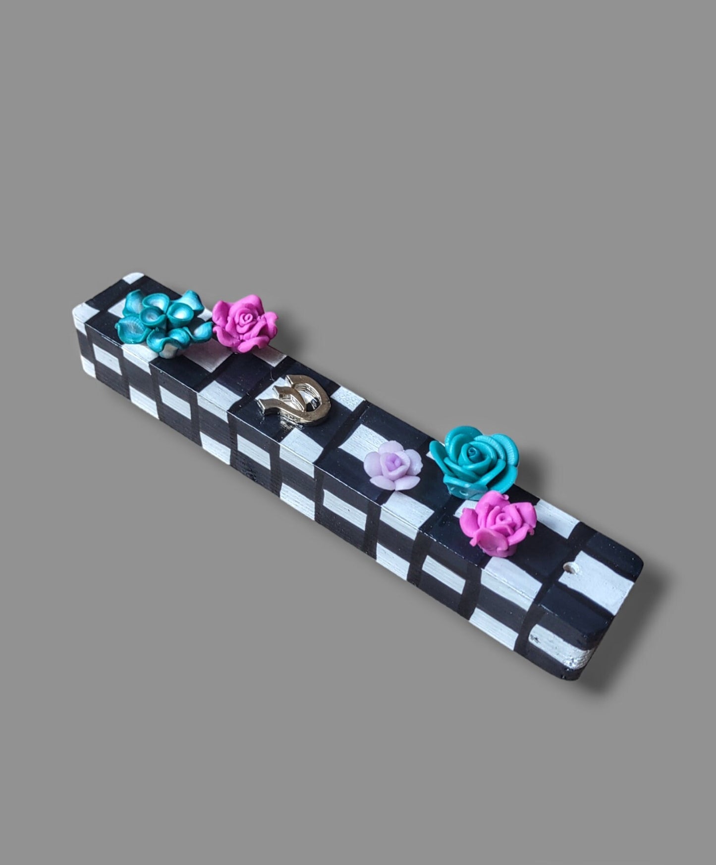 Checks & Flowers Hand-painted Mezuzah Case