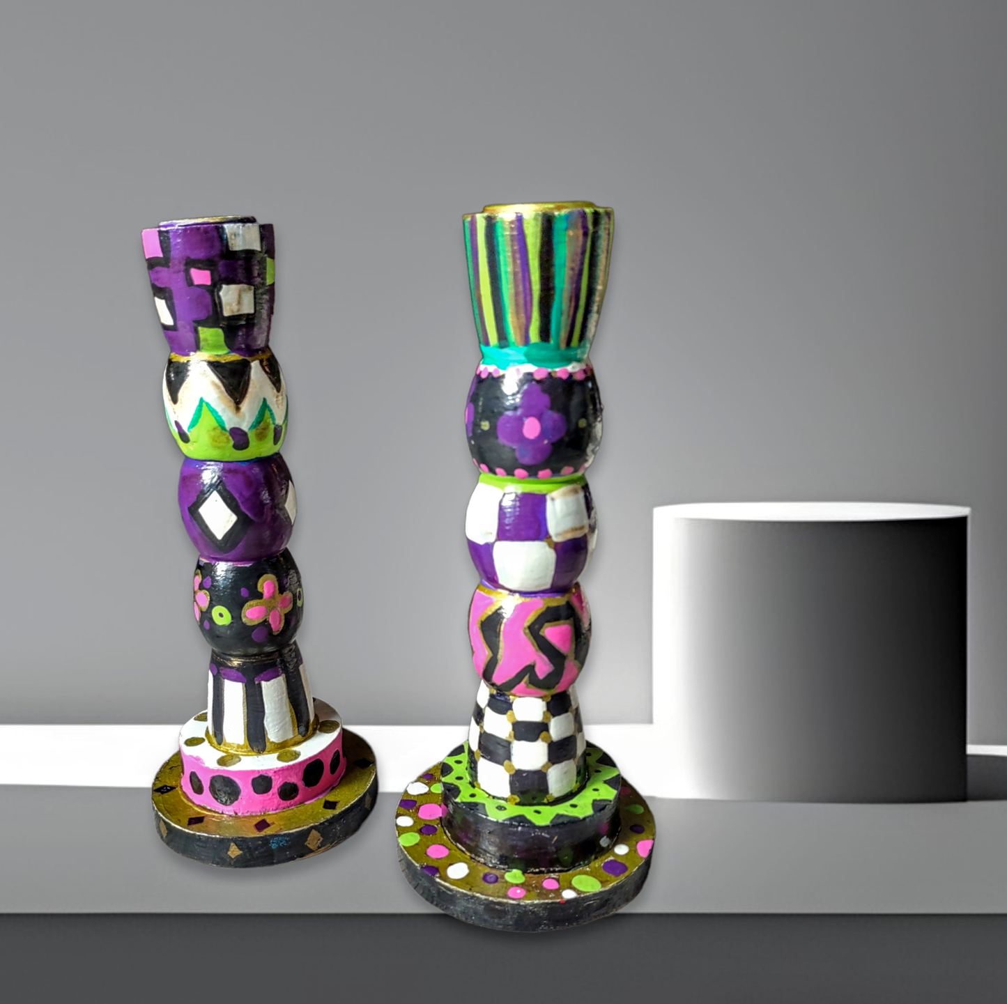 Colorful Checkerboard Shabbat Candle Holders