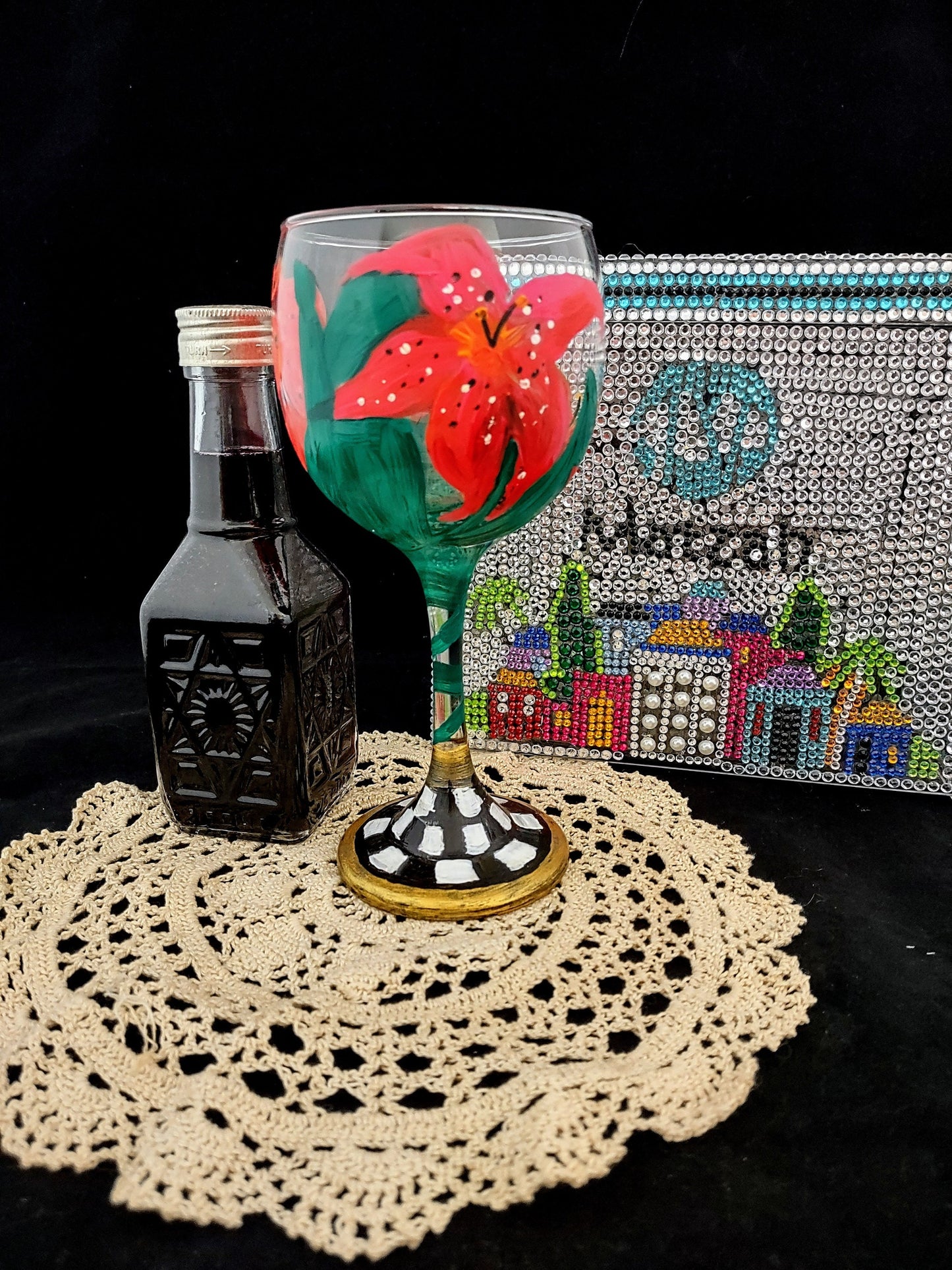 Hand-painted Checkerboard/ Lilies Wine Glass