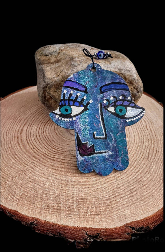 Handpainted Hamsa- Face with Peacock Feather