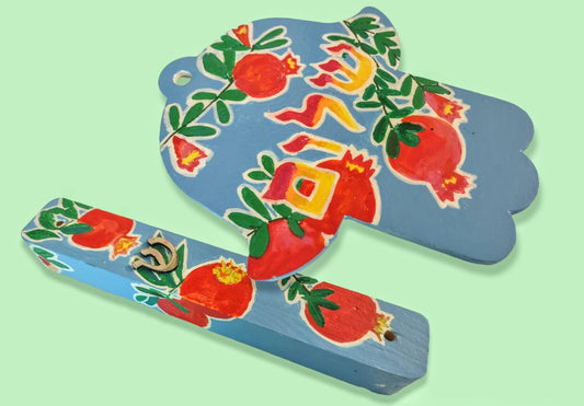Hand-Painted Pomegranate Mezuzah Case & Hamsa