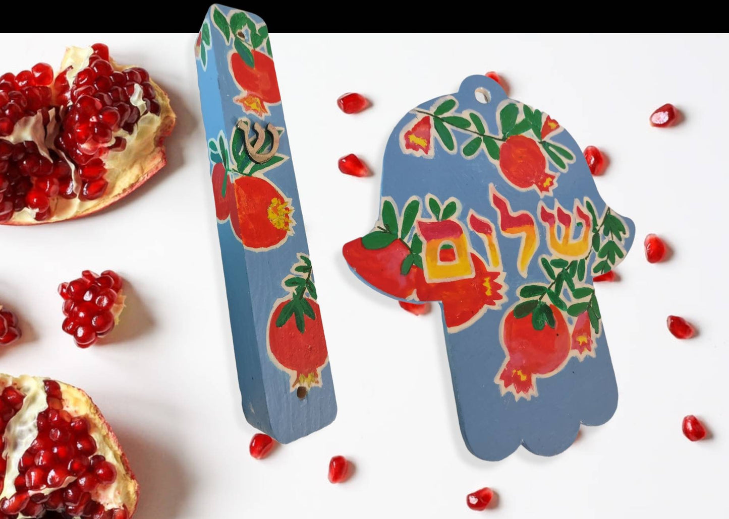 Hand-Painted Pomegranate Mezuzah Case & Hamsa