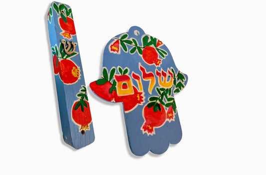 Hand-Painted Pomegranate Mezuzah Case & Hamsa