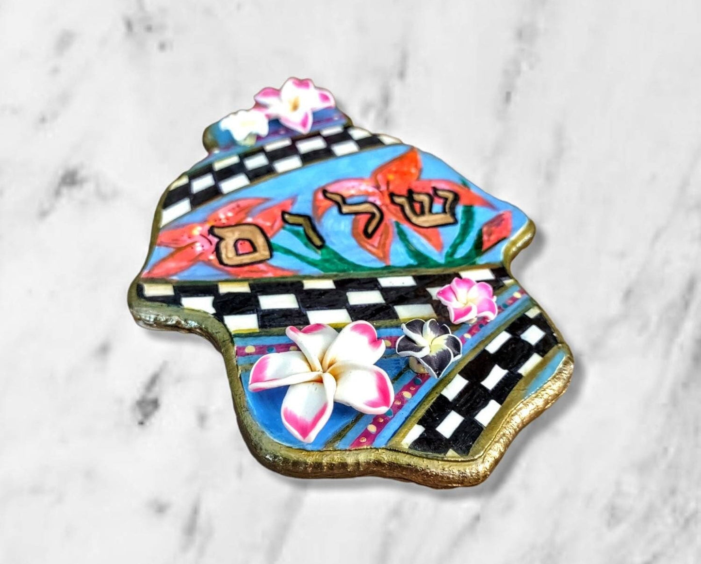 Checkered and Flowers Shalom Hamsa