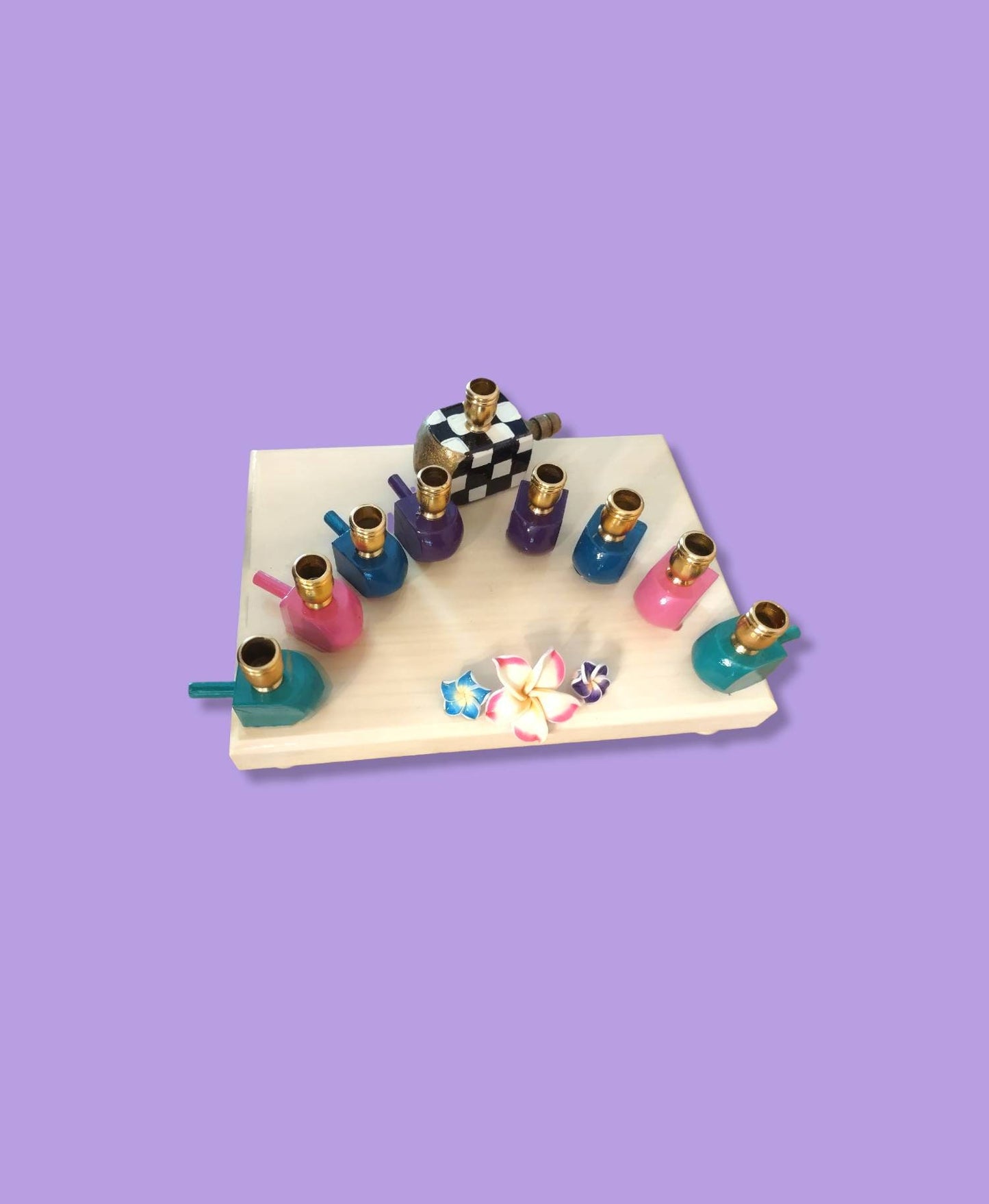 Checkered Jewel Tone Flowers Menorah