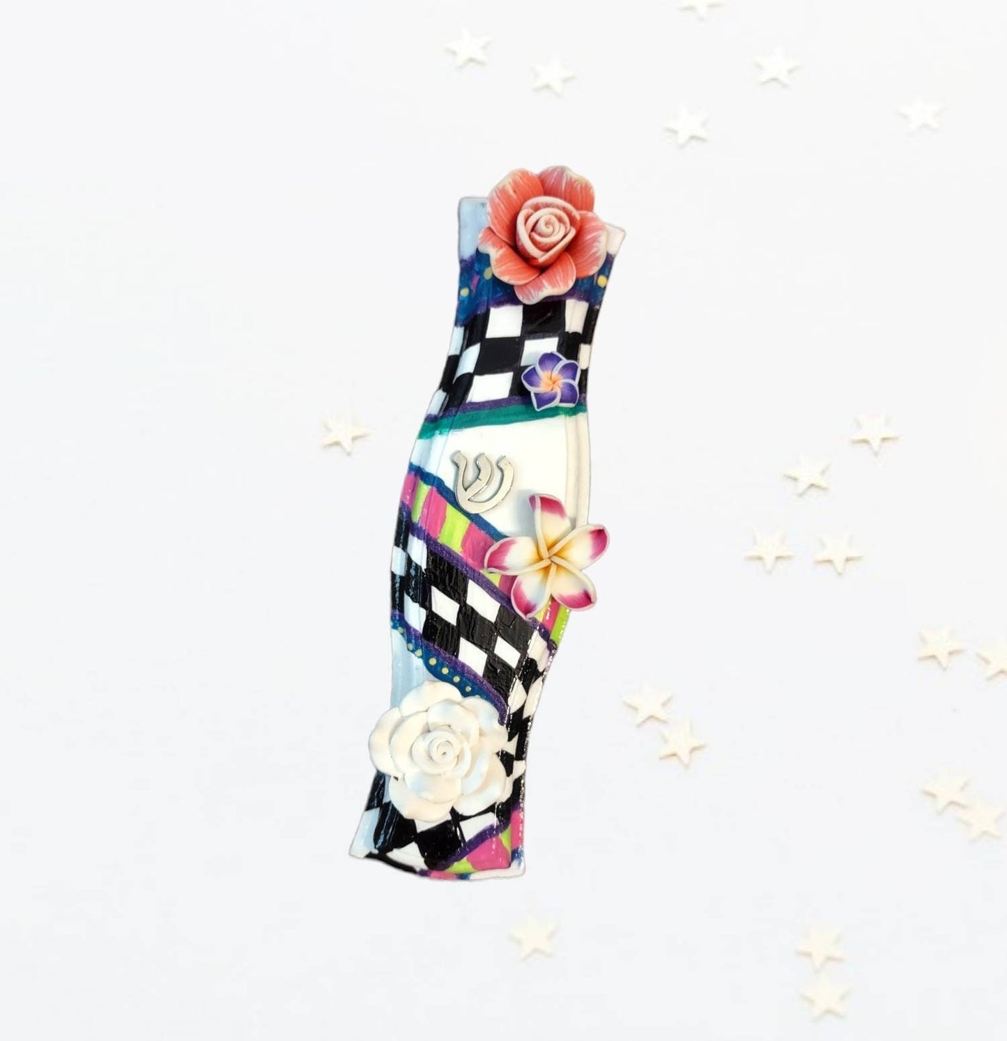 Checkered Mezuzah with Flowers